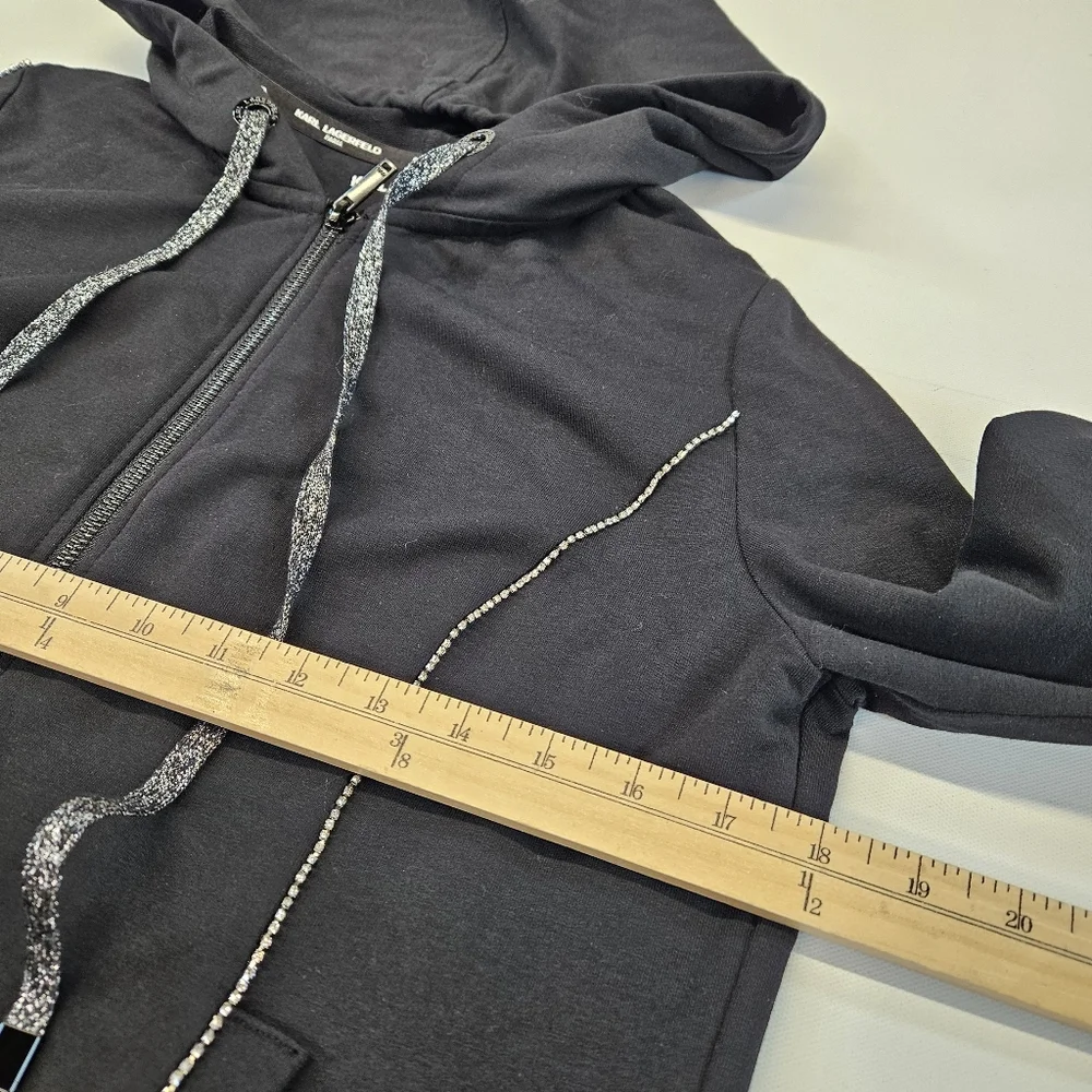 Karl Lagerfeld Black Hoodie Full Zip Spellout Tape With Sparkles Womens Small - Picture 6 of 8